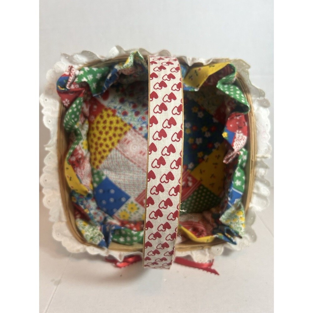 Woven Basket Fabric Cushioned Liner Heart Trim 7.5” Farmhouse Grannycore Decor - Picture 4 of 16